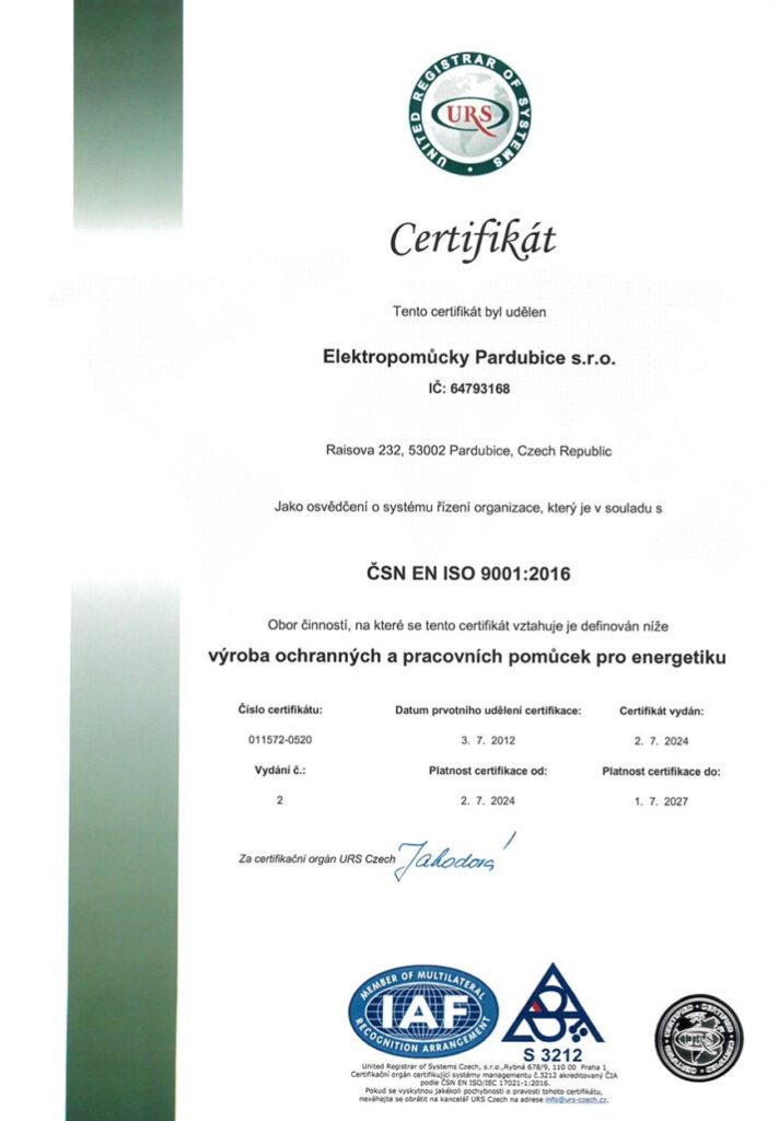 Certifikát ČSN EN ISO 9001:2016