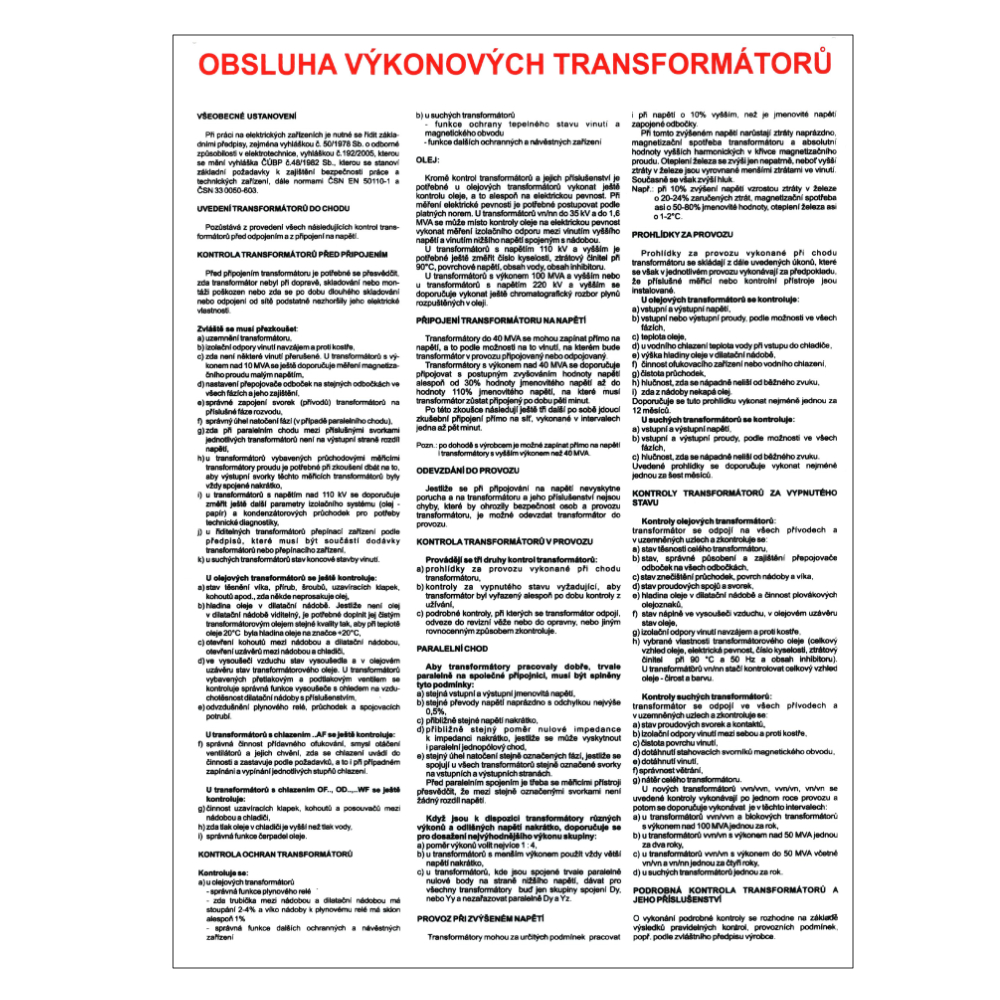 Tabulka bezpečnostní A3 “Obsluha výkonových transformátorů”