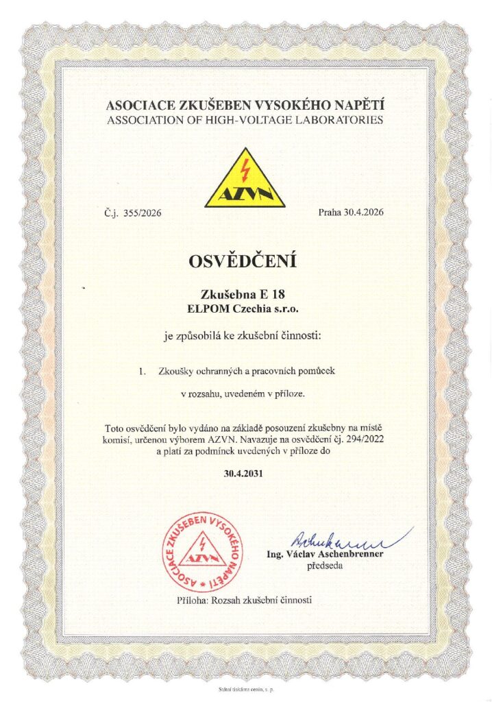 Osvědčení AZVN zkušebny E18