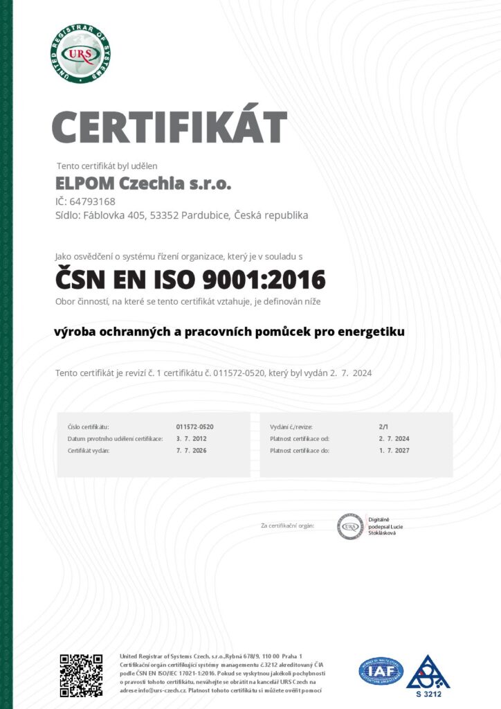 Certifikát ČSN EN ISO 9001:2016